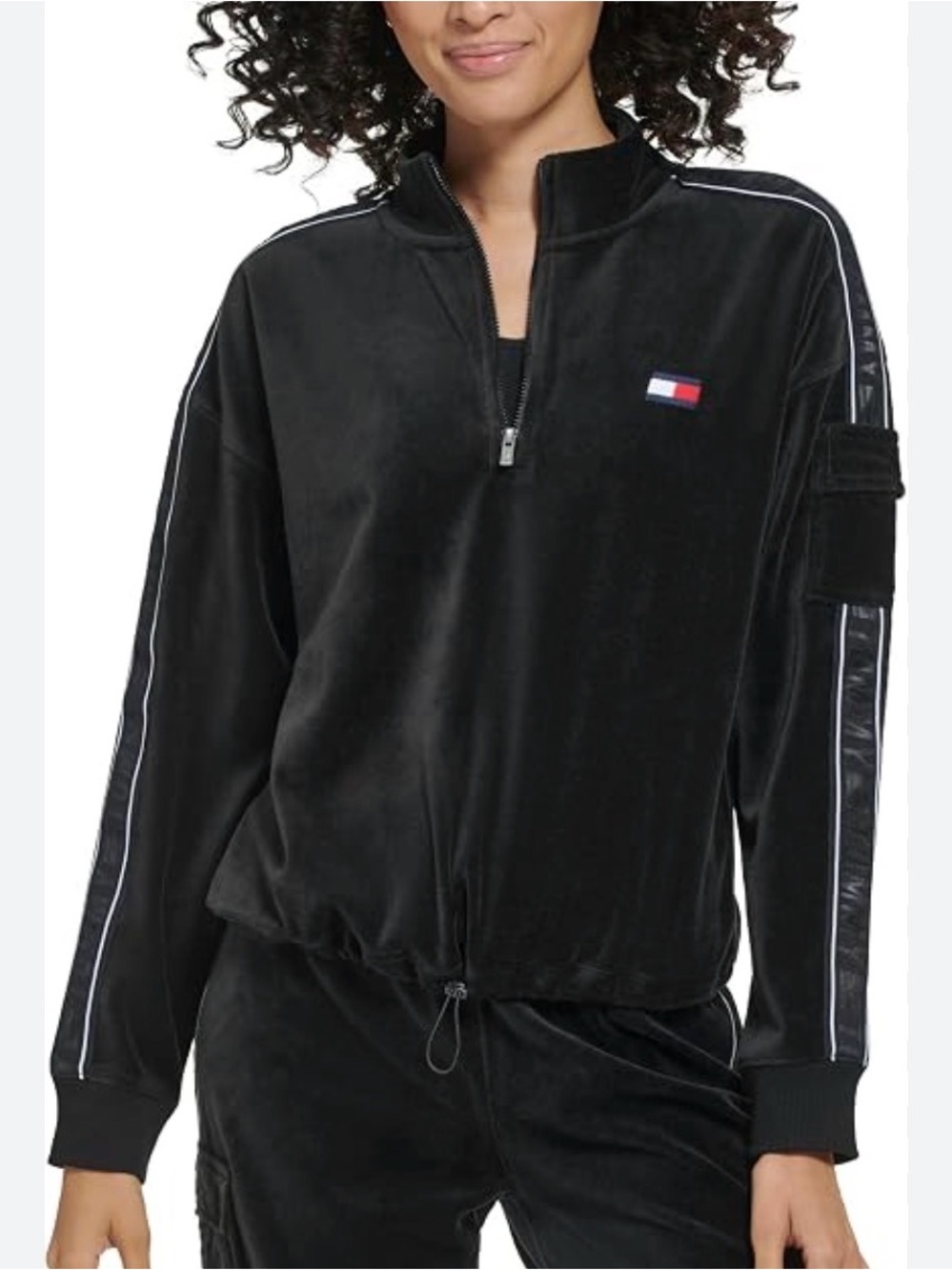 Tommy Hilfiger Black Velour Pullover Track Sweatshirt Jacket with Logo Women’s